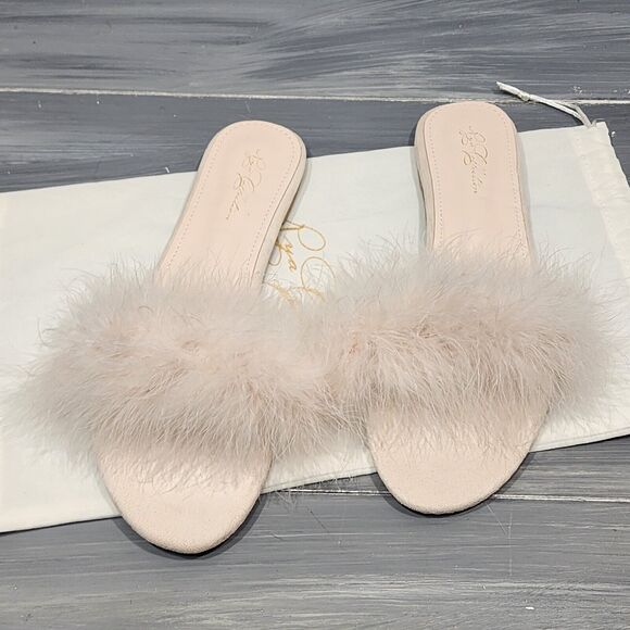 Rya Collection Feather Trimmed Slippers Champagne Pink XL - Picture 1 of 15